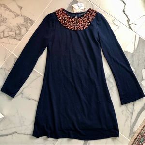 NWT Long sleeve navy lined dress beaded neckline Size Medium From Theme